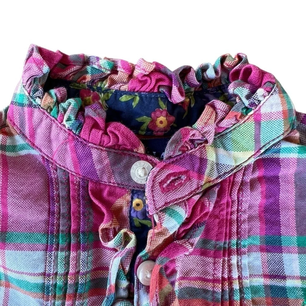 Ralph Lauren Plaid Ruffle Button Front Shirt Dress Pink 12 Mos GUC